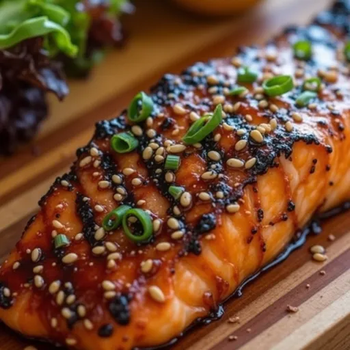 Eye-level shot of Korean-inspired grilled salmon, showcasing a glossy glaze and warm side lighting with a soft-focus background.