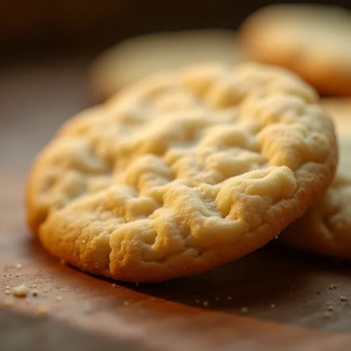 A beautifully textured sugar cookie, illuminated with natural light, set against a cozy blurred background.