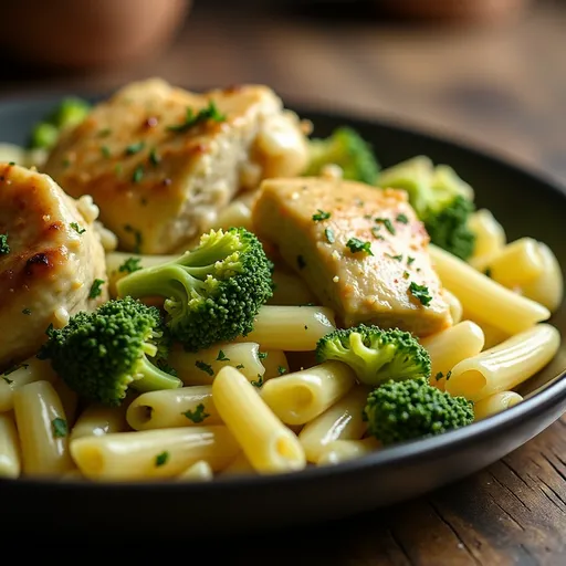 Delicious pasta bake featuring penne, shredded chicken, broccoli, and pesto sauce, with a golden crust.