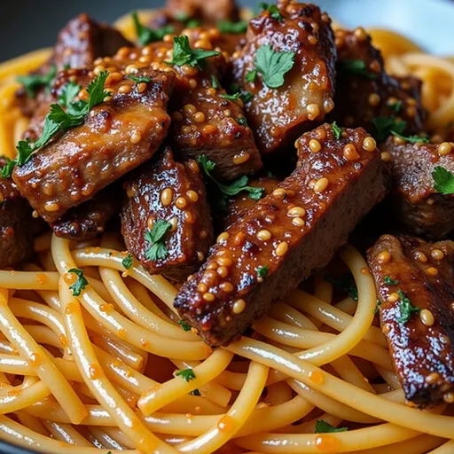 Delicious bowl of pasta featuring steak, garlic, and garnish in natural light.