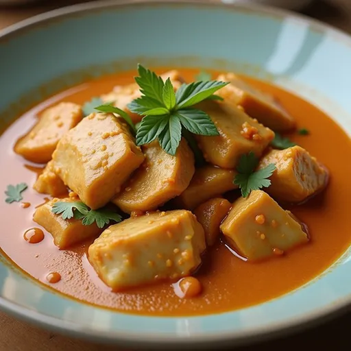 Eye-level view of a steaming plate of Penang Curry Chicken, rich in sauce and garnished with basil leaves.