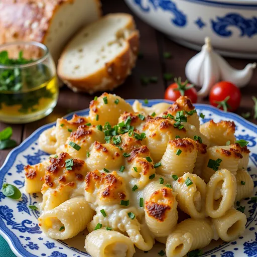 Warm Garlic Parmesan Chicken Pasta Bake in a dish, topped with melted cheese and parsley.