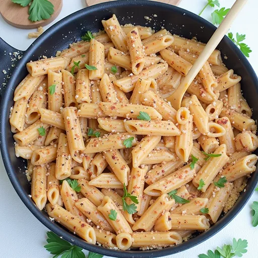 A close-up view of Marry Me Chicken Pasta with garlic and parmesan, beautifully presented.