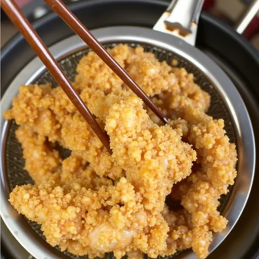 Detailed shot of golden fried chicken pieces with a warm, natural light illuminating the texture.