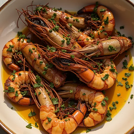Deliciously presented Skull Island King Prawns, golden and garnished, in soft natural light.