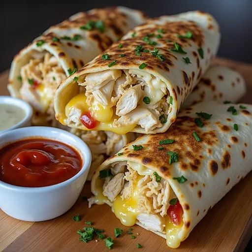 Delicious Cheesy Garlic Chicken Wraps arranged on a plate, showcasing their gooey texture.