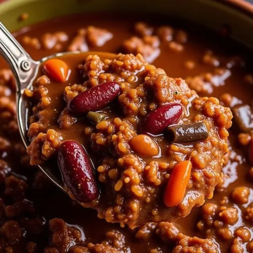A beautifully presented bowl of chili with diced onions and colorful peppers, garnished with cheese.