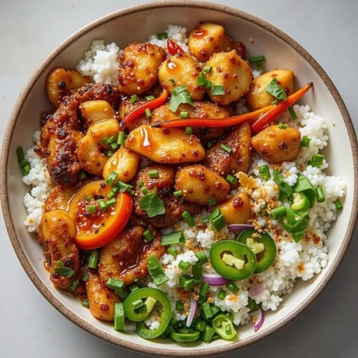 A beautifully arranged Spicy Hot Honey Chicken Bowl showcasing glistening honey and rich textures in a cozy setting.