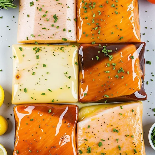 A cozy presentation of marinated salmon fillets garnished with fresh herbs.