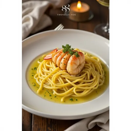 Detailed view of butter poached lobster tails atop pasta, elegantly presented with herb oil.
