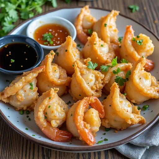 Gourmet shrimp appetizers in crispy wonton wrappers, garnished with herbs.
