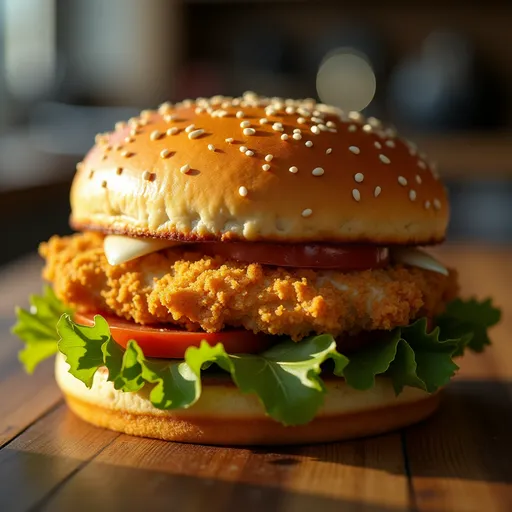 Delicious and crispy chicken sandwich with lemon wedges, served with greenery on a rustic table.