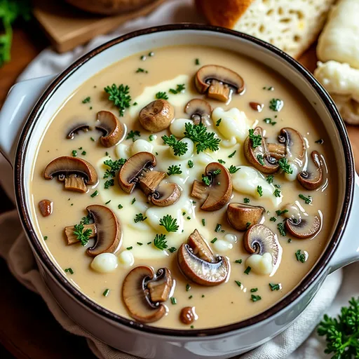 Delicious Cottage Cheese Mushroom Soup served in a simple bowl, illuminated by soft natural light, with a blurred cozy background.