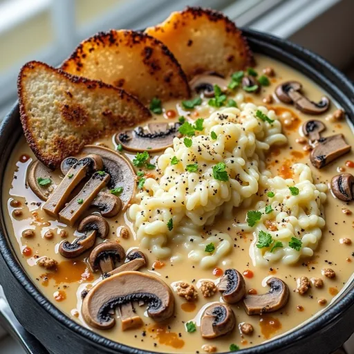 Creamy mushroom soup with chopped mushrooms and herbs, presented in a rustic bowl.