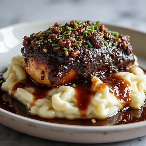 Deliciously plated garlic herb chicken on mashed potatoes, with a rich pan sauce drizzled over it.