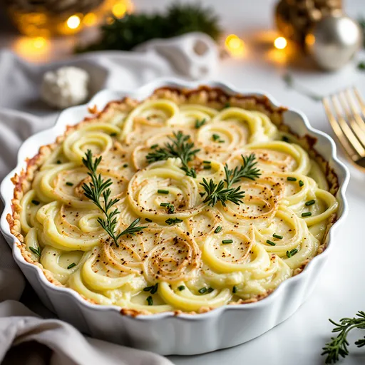 Eye-level shot of a caramelized onion tart featuring a golden crust and rich, savory filling, against a blurred rustic background.
