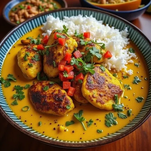 A colorful plate of Kuku Paka, featuring spices and herbs, with a soft-focus background.
