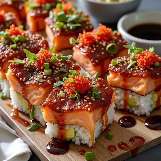 A mouth-watering dish of Spicy Salmon Sushi Bake, featuring flaked salmon and nori, presented beautifully.