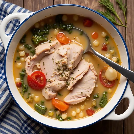Cozy chicken soup featuring a rich, creamy texture, highlighted by warm natural light.