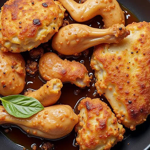 Eye-level shot of Chicken Adobo, highlighting the tender meat in a dark, glossy sauce with bay leaves and peppercorns.