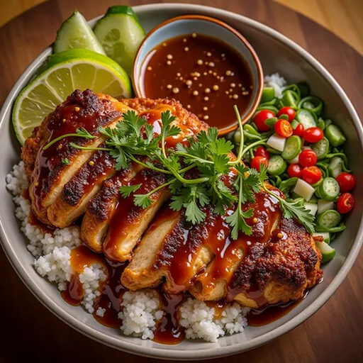 Tasty Hot Honey Chicken Bowl showcasing seasoned chicken, rice, and vegetables with garnishes.