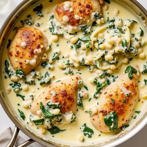 Delicious chicken breasts smothered in a creamy spinach and artichoke mixture.