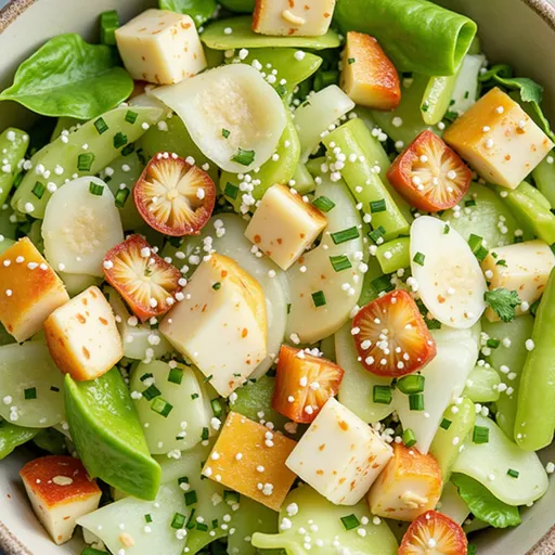 A beautifully arranged Thai Mango Salad showcasing ripe mango, fresh vegetables, and garnished with cilantro and crushed peanuts.