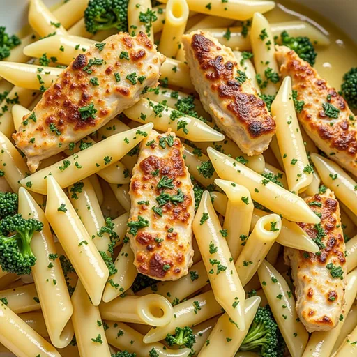 Creamy Garlic Chicken Penne with garlic and parsley, beautifully presented.