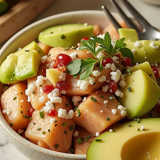 A delicious Salmon & Avocado Poke Bowl captured in detail, showcasing its ingredients and textures against a blurred background.