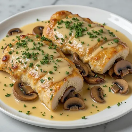Eye-level shot of a succulent stuffed chicken breast, showcasing its rich filling and texture.
