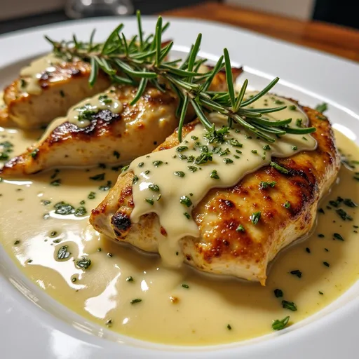 Eye-level shot of tender chicken breast in a creamy sauce, accented by fresh herbs.