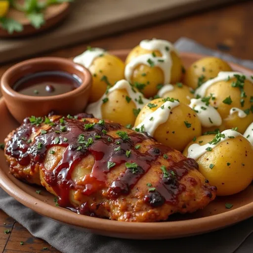 Beautifully presented Honey BBQ Chicken alongside creamy garlic parmesan potatoes, showcasing rich textures.