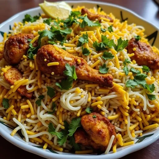 A detailed shot of Chicken Biryani with rice, chicken, and spices, emphasizing texture and color.