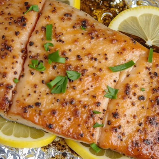 A delicious serving of salmon wrapped in foil, featuring fresh herbs and citrus.