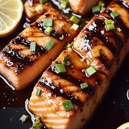 Juicy salmon fillet topped with honey garlic glaze and fresh green onions, shot in natural light.