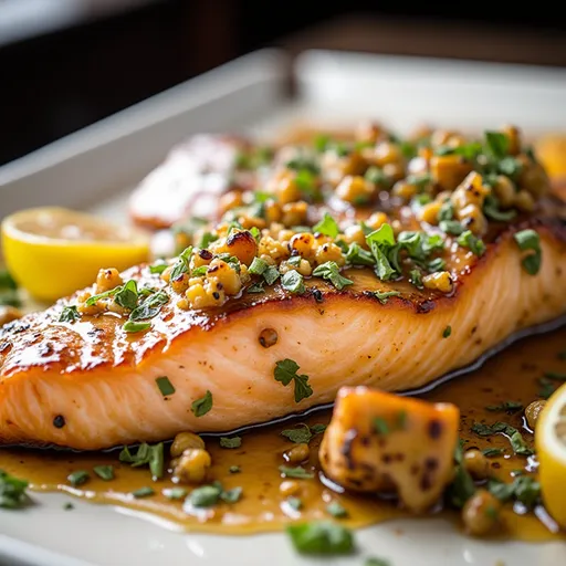 Eye-level view of a perfectly cooked salmon fillet showing caramelized honey garlic topping and side vegetables.