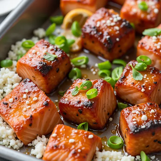 Bite-sized pieces of salmon glazed with garlic and honey, beautifully presented.