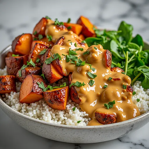 A vibrant bowl filled with chicken, roasted sweet potatoes, leafy greens, and garnished with lemon, presented in natural light.