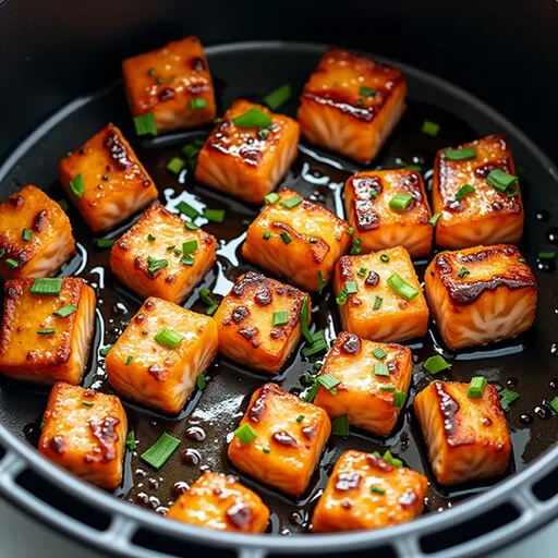 Delicious, golden-brown salmon bites with a glaze, served in a cozy setting.