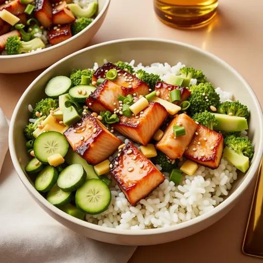Eye-level shot of a vibrant honey glazed salmon bowl with garnishes of sesame seeds and green onions.