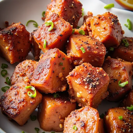 Juicy salmon bites seasoned and perfectly cooked in an air fryer, shown in natural light.