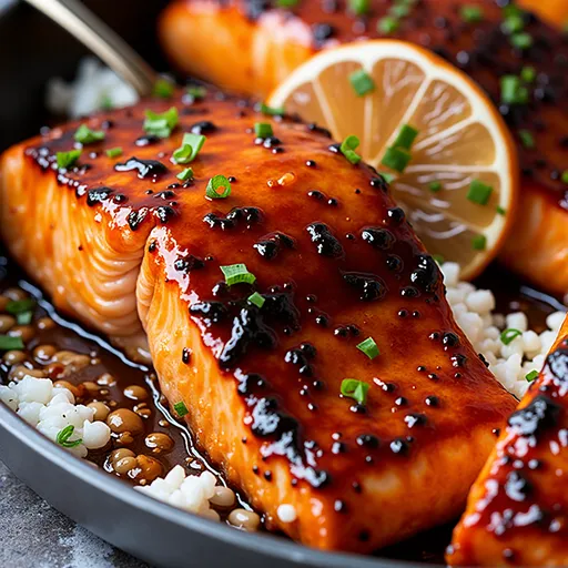Delicious salmon fillet glazed with honey garlic sauce, captured with soft lighting and a blurred background.