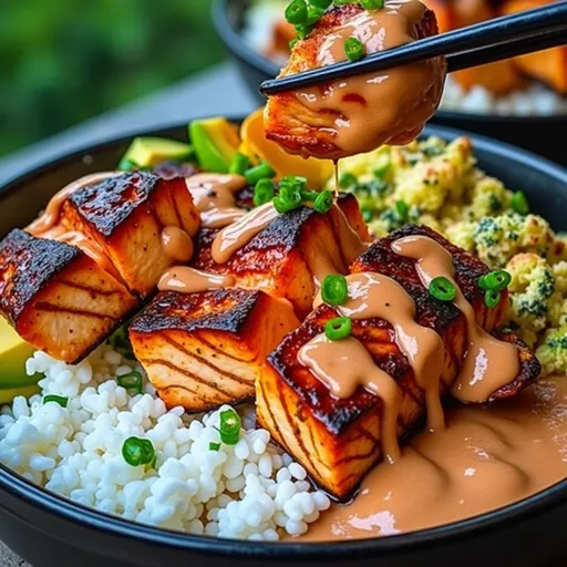 An eye-level view of a Sriracha Honey Salmon Bowl, highlighting salmon, rice, broccoli, and garnishes of sesame seeds and green onions.