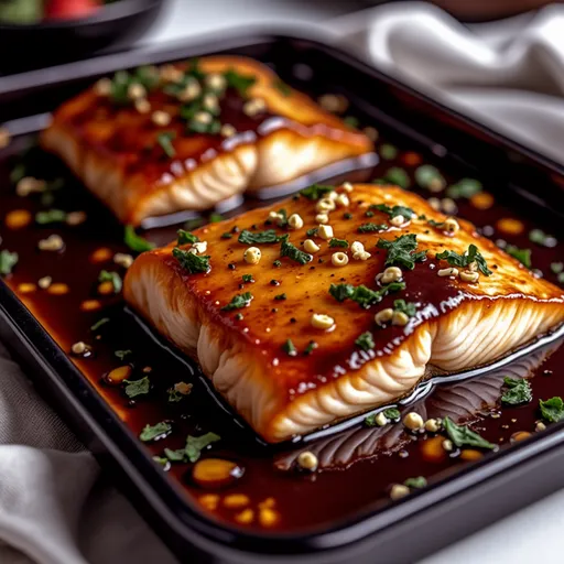 A detailed view of honey garlic glazed salmon, showcasing crisp texture and fresh garnishes.