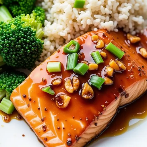 Delicious salmon fillet with a glossy honey garlic glaze, set against a soft, blurred background.