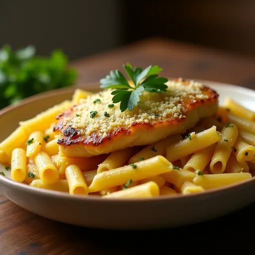 Eye-level shot of creamy chicken with penne pasta, showcasing texture and ingredients.