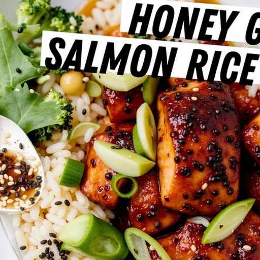 Eye-level shot of a Honey Garlic Salmon Rice Bowl with vibrant ingredients and a blurred background.