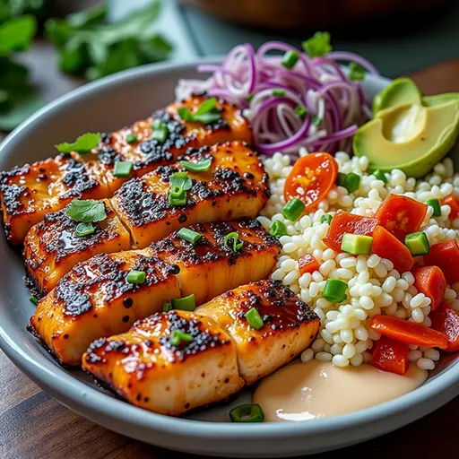 A colorful Spicy Honey Sriracha Salmon Bowl showcasing ingredients like salmon, broccoli, and avocado.