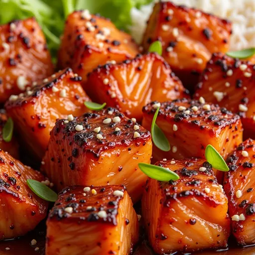 Appetizing honey garlic salmon bites displayed in warm light, showcasing a shiny glaze and rich texture.