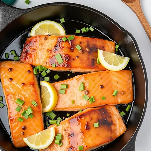 Salmon fillet cooked in honey garlic sauce, presented beautifully with a blurred cozy background.